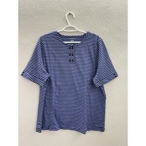 Appleseeds Womens Shirt Size XL Blue Striped Short Sleeve Henley Cotton
